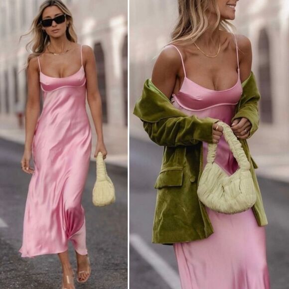 NEW Blogger Fave Viral TikTok Zara Pink Satin Cutout Scoop Neck Midi Slip Dress - Picture 1 of 16